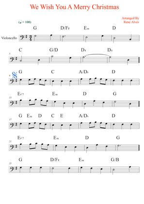 We Wish You A Merry Christmas, sheet music and cello melody for the beginning musician (easy).