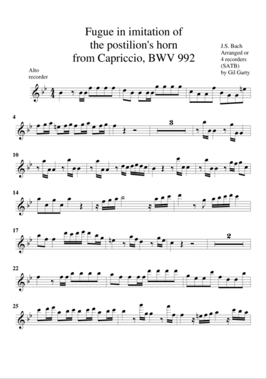 Fugue in imitation of the postilion's horn from Capriccio BWV 992 (arrangement for 4 recorders) Recorder scores gallery preview page 6