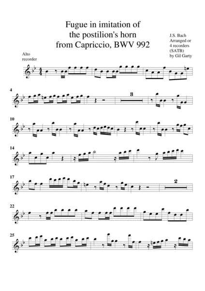 Fugue in imitation of the postilion's horn from Capriccio BWV 992 (arrangement for 4 recorders) image number null