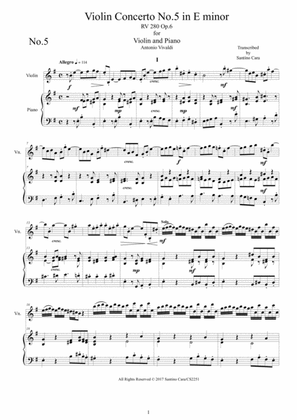 Book cover for Vivaldi - Violin Concerto No.5 in E minor RV 280 Op.6 for Violin and Piano