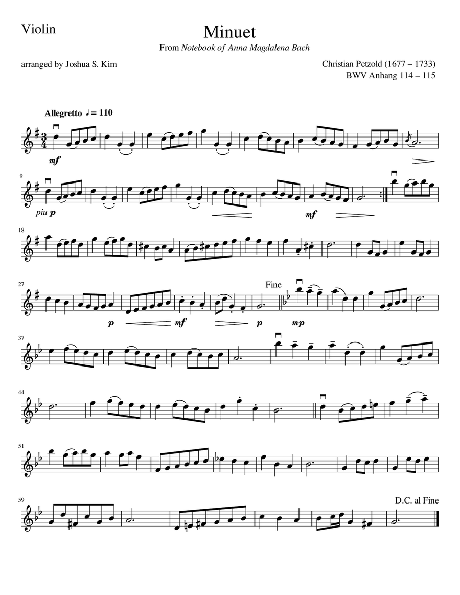 Minuet in G Major for String Trio (violin, cello, contrabass) - from Notebook of Anna Magdalena Bach String Trio scores gallery preview page 1