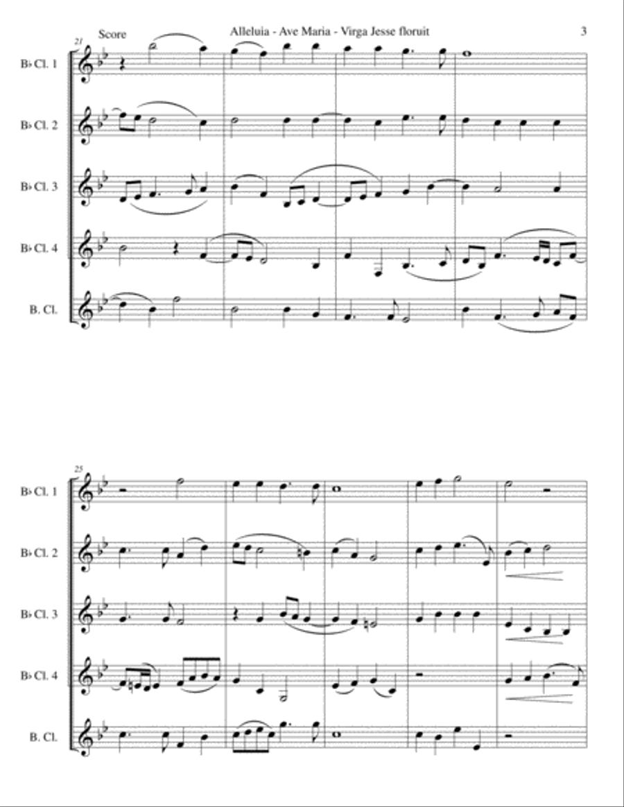 Alleluia - Ave Maria - Virga Jesse floruit arranged for clarinet quintet (4 B flats and 1 bass) Clarinet Quintet scores gallery preview page 3
