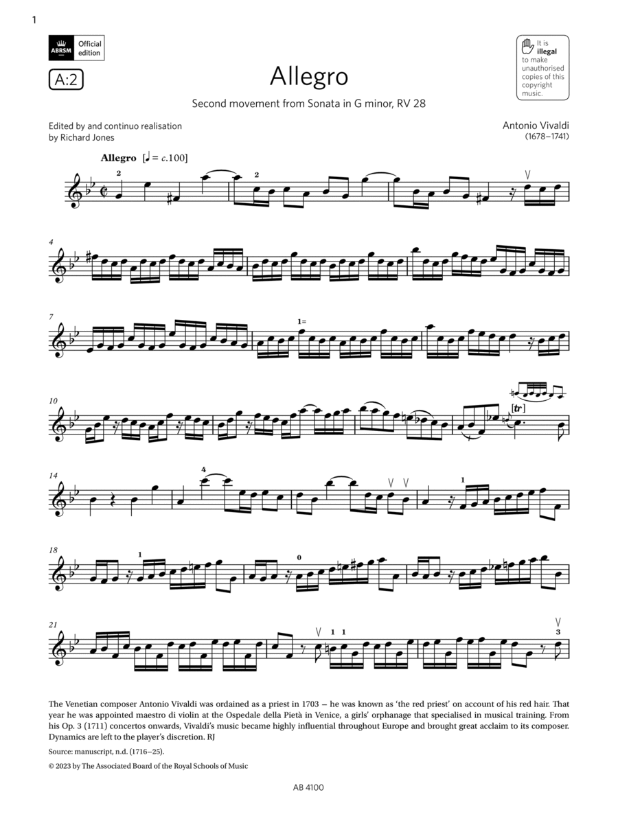 Allegro (Grade 6, A2, from the ABRSM Violin Syllabus from 2024) Violin Solo scores gallery preview page 1
