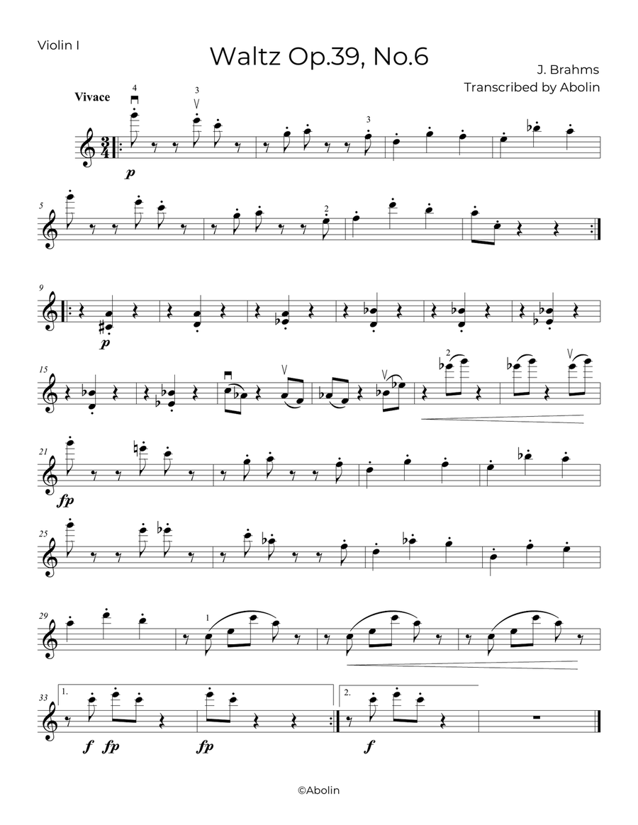 Brahms: Waltz Op.39, No.6 - String Quartet String Quartet scores gallery preview page 4