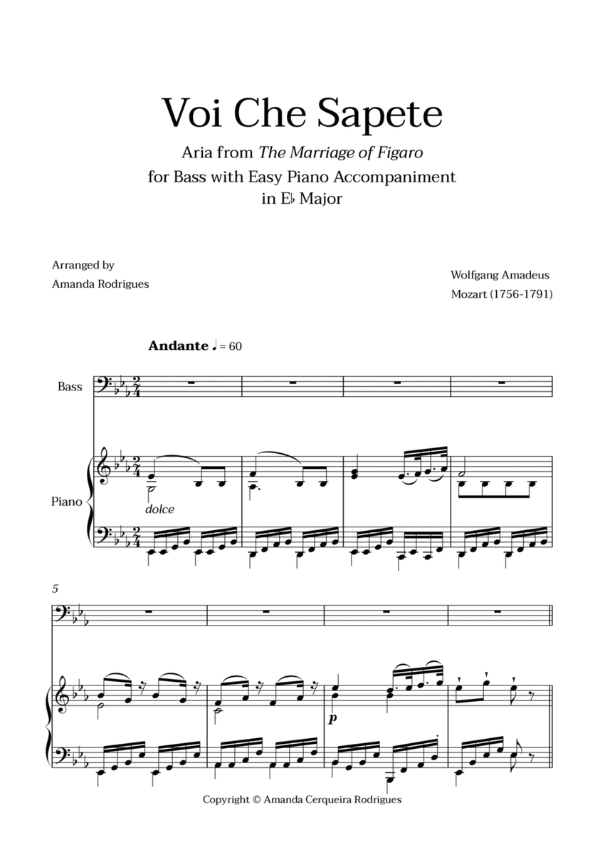 Voi Che Sapete from "The Marriage of Figaro" - Easy Bass and Piano Aria Duet in Eb Major image number null