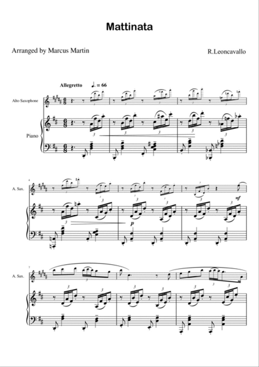 Mattinata (Leoncavallo) arranged for Alto Saxophone and Piano Alto Saxophone scores gallery preview page 2