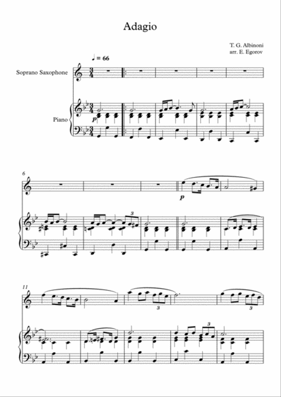 Adagio (In G Minor), Tomaso Giovanni Albinoni, For Soprano Saxophone & Piano Soprano Saxophone scores gallery preview page 1