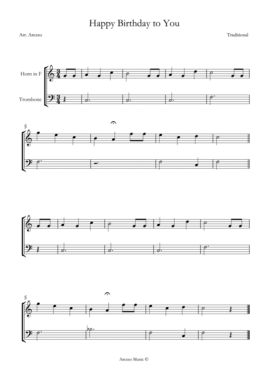 happy birthday to you easy French Horn and Trombone sheet music Brass Duet scores gallery preview page 1