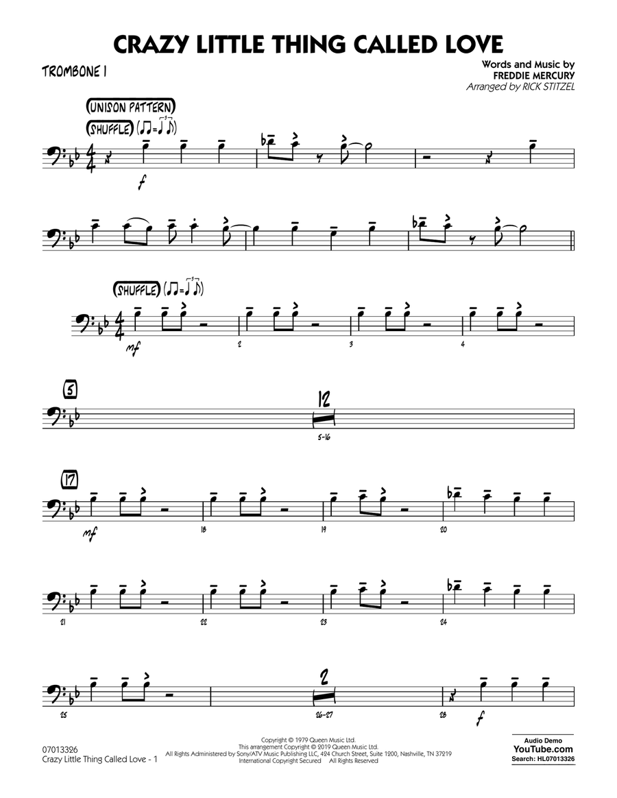 Crazy Little Thing Called Love (arr. Rick Stitzel) - Trombone 1 Jazz Ensemble scores gallery preview page 1