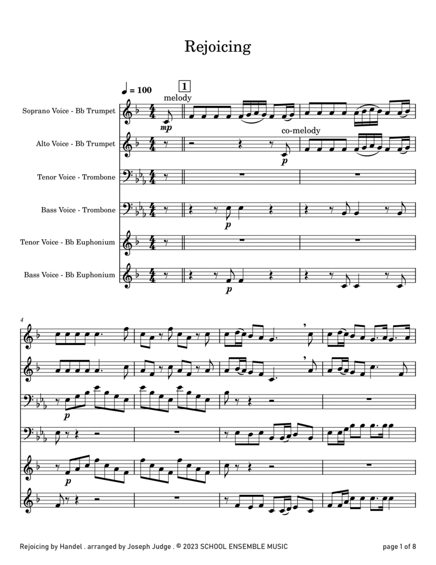 Rejoicing by Handel for Brass Quartet in Schools Brass Quartet scores gallery preview page 1
