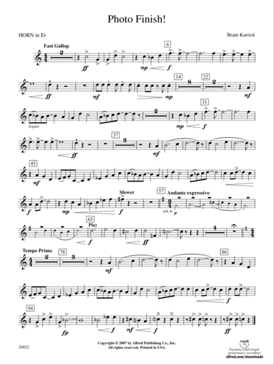 Photo Finish!: (World Part) 1st Horn in E-flat Concert Band scores gallery preview page 1