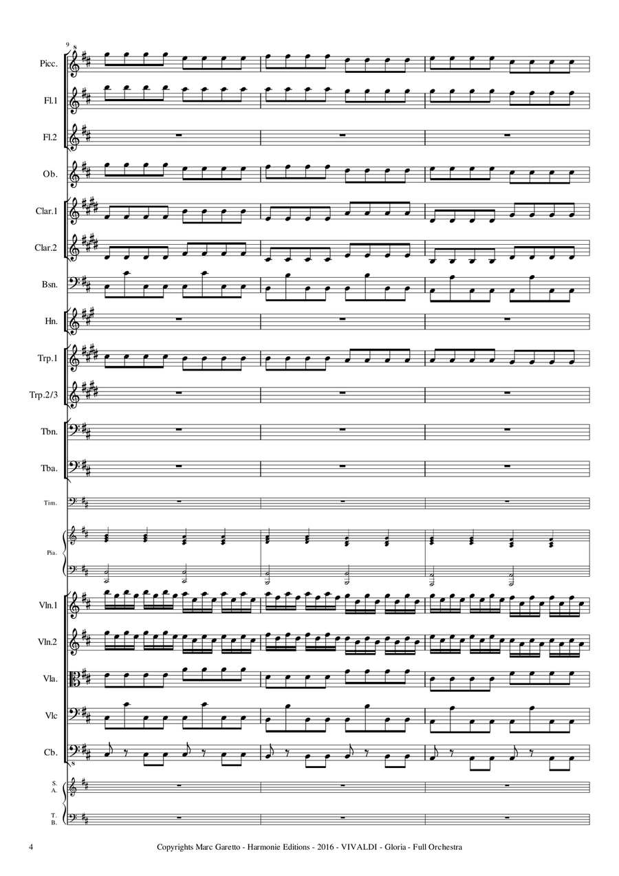 GLORIA RV 589 - Antonio VIVALDI - for Full Orchestra - Arr. Marc Garetto / Optionnal Organ and Choir 4-Part scores gallery preview page 4