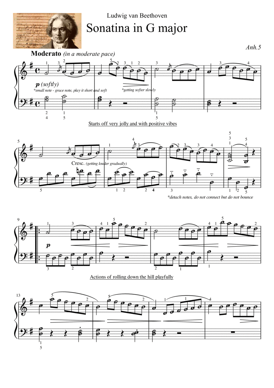 Sonatina in G Major (Beethoven) | Piano Solo Intermediate with note names & performance guides Piano Solo scores gallery preview page 1