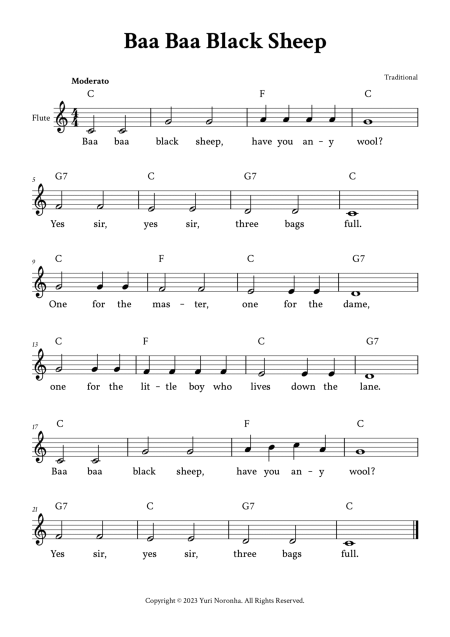 Baa Baa Black Sheep - Easy Flute (C Major - with Chords and Lyrics) Flute Solo scores gallery preview page 1
