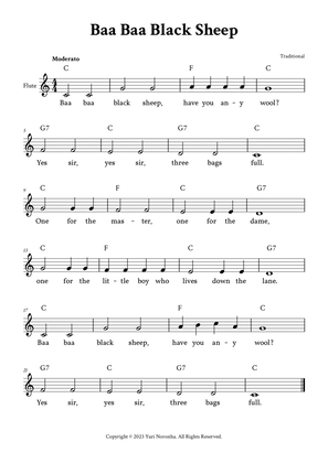 Baa Baa Black Sheep - Easy Flute (C Major - with Chords and Lyrics)
