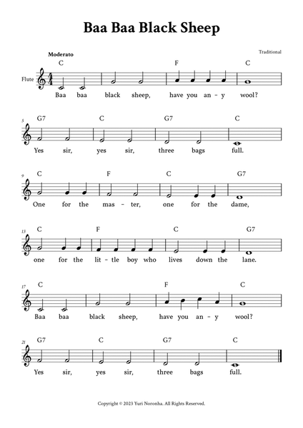 Baa Baa Black Sheep - Easy Flute (C Major - with Chords and Lyrics) image number null