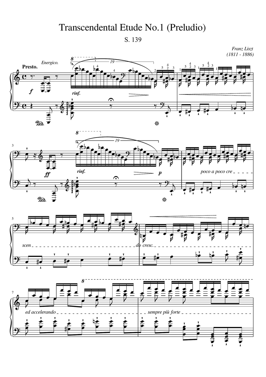 Liszt - Transcendental Etude No.1, S.139 1. Preludio - Original With Fingering - For Piano Solo Piano Method scores gallery preview page 1