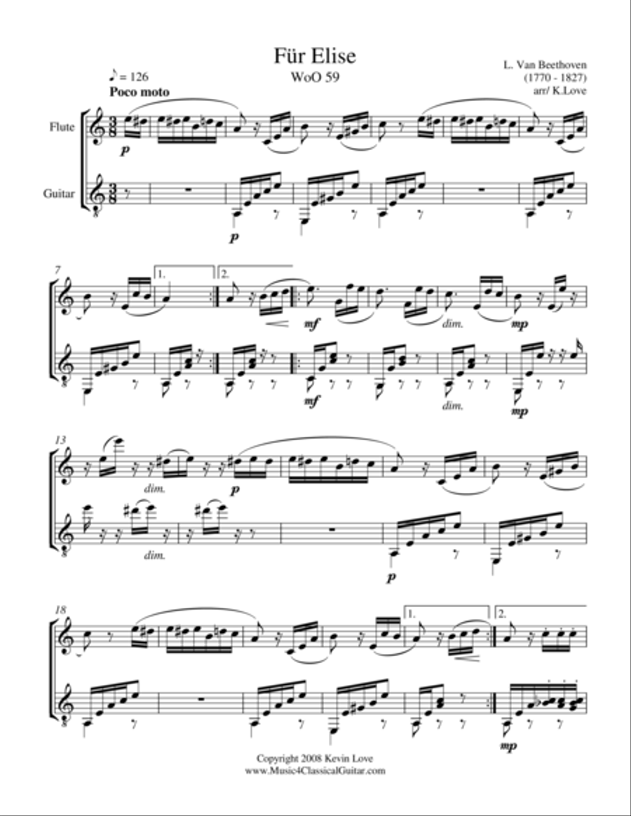 Fur Elise (Flute and Guitar) - Score and Parts