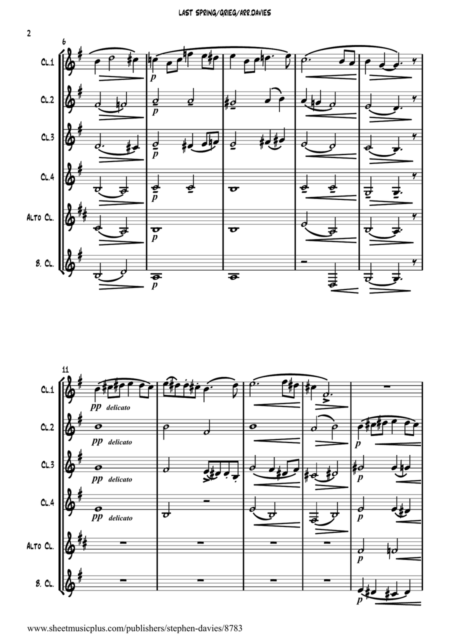 'Last Spring' by Edvard Grieg for Clarinet Sextet. Woodwind Ensemble scores gallery preview page 2