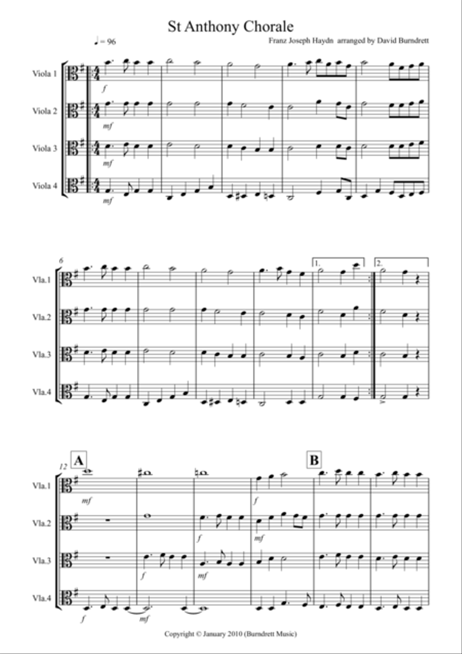 St Anthony Chorale for Viola Quartet Viola Solo scores gallery preview page 1