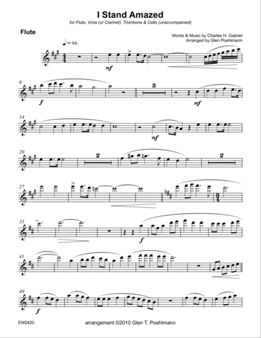 I STAND AMAZED (My Savior's Love) - Mixed Quartet of Flute, Viola (or Clarinet), Trombone & Cello (u Large Ensemble scores gallery preview page 5