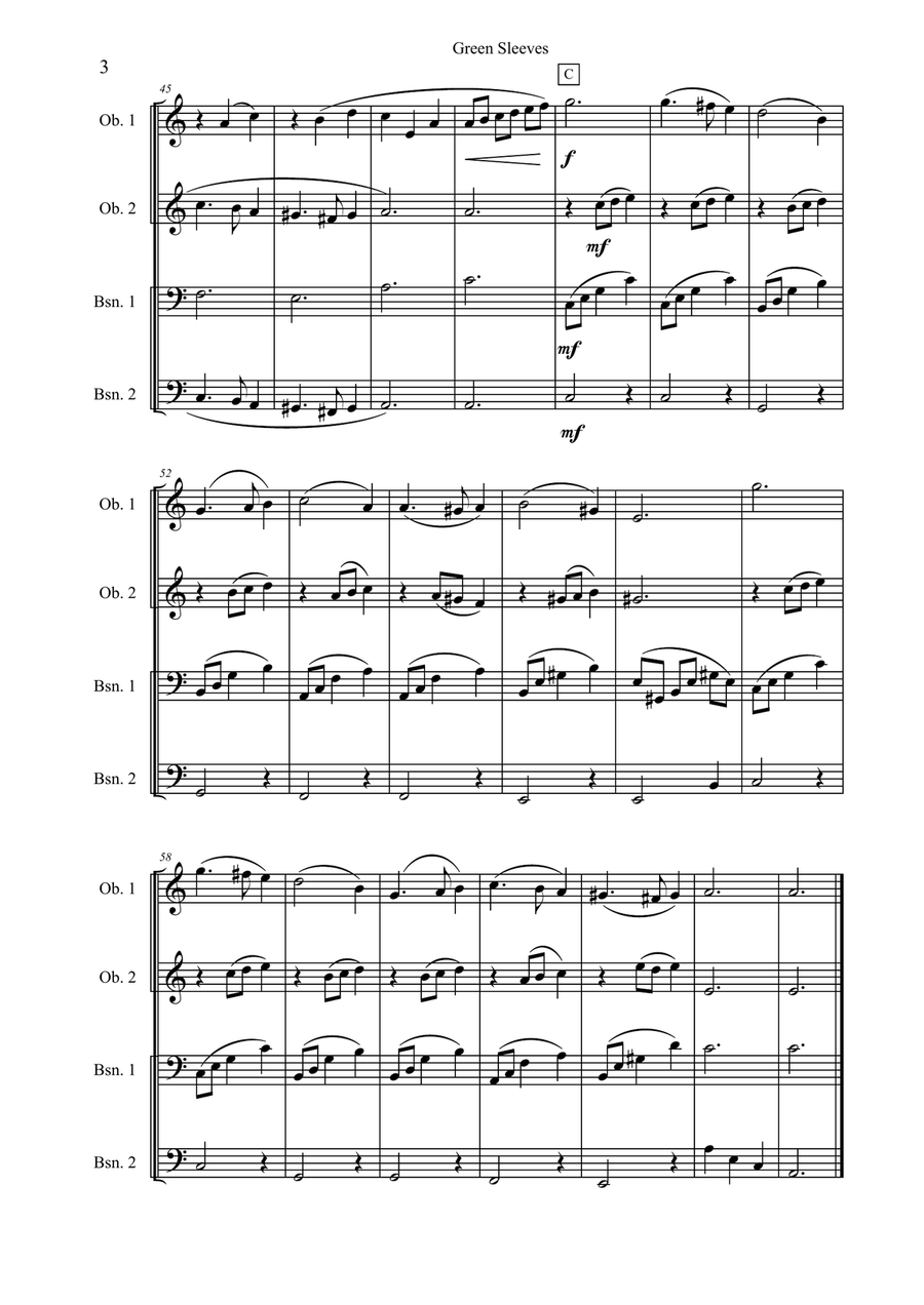 Green Sleeves for double reed quartet Bassoon scores gallery preview page 3