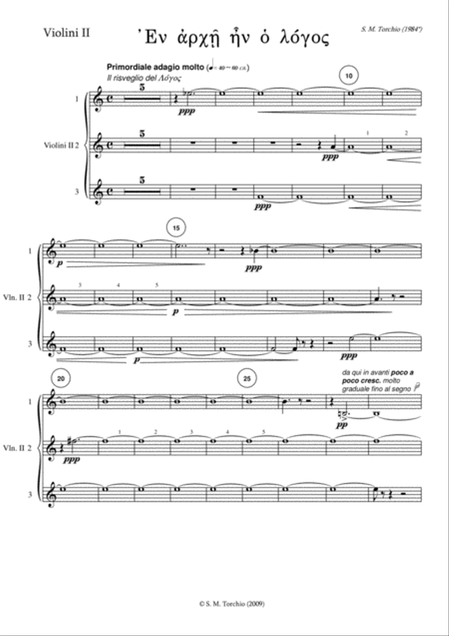 Stefano Maria Torchio: En Archè en o Logos - Violin 2 part Chamber Orchestra scores gallery preview page 1