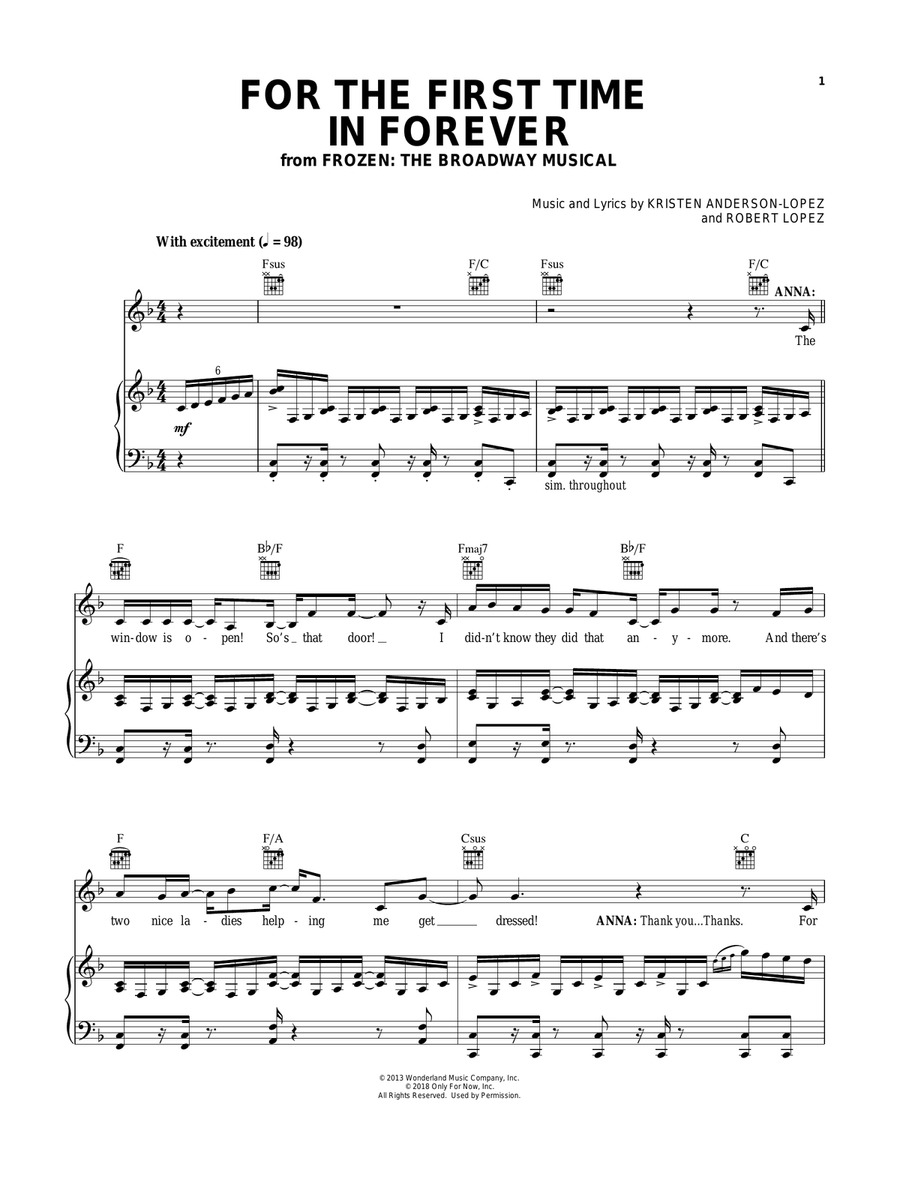 For The First Time In Forever (from Frozen: The Broadway Musical) Piano, Vocal, Guitar scores gallery preview page 1