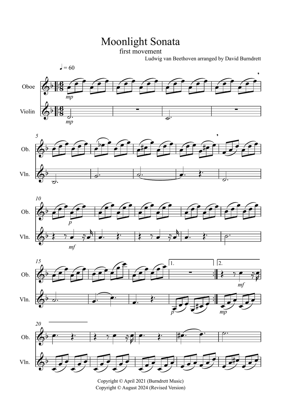 Moonlight Sonata for (1st movement) for Oboe and Violin Duet Oboe scores gallery preview page 1