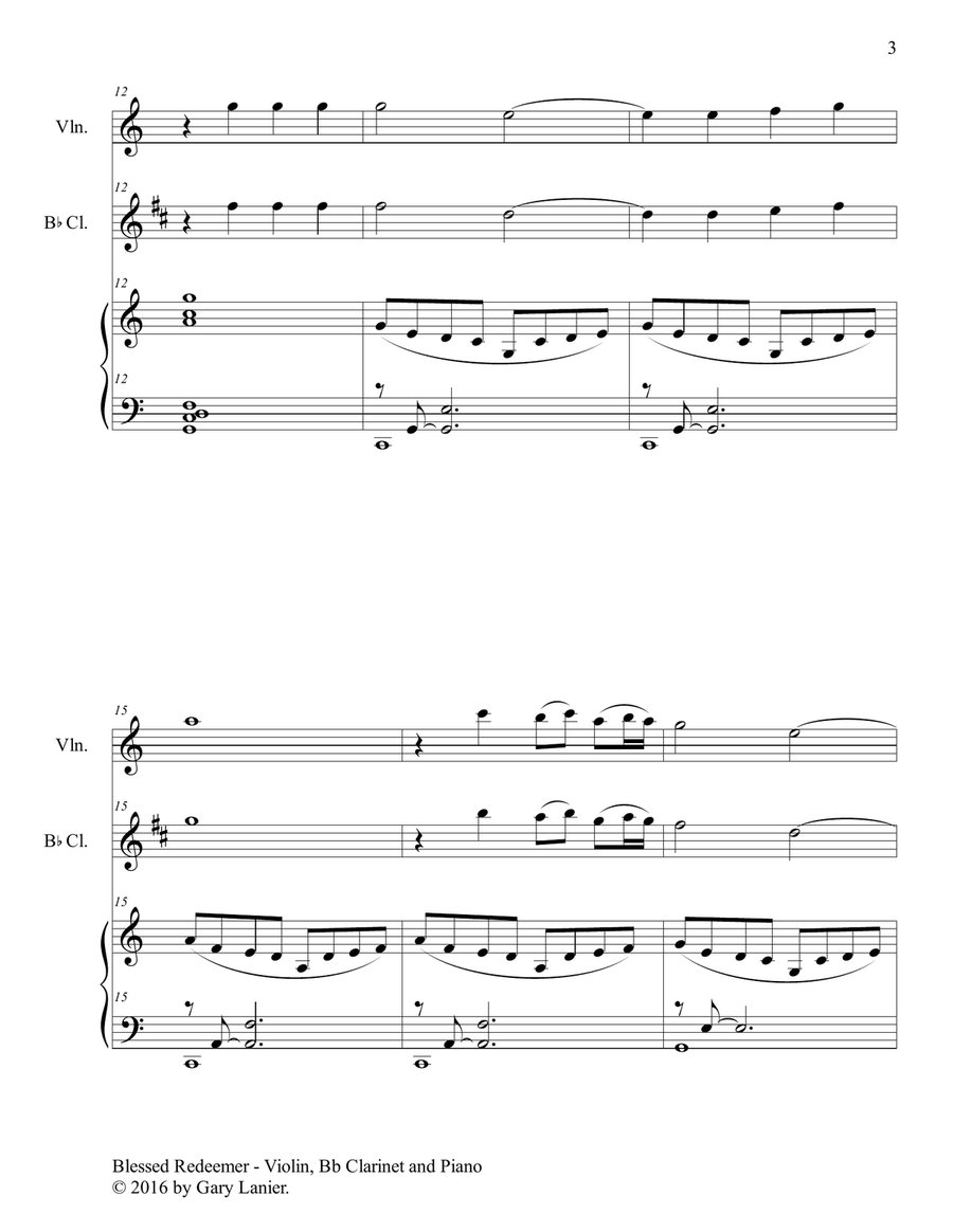 3 FAVORITE HYMNS (Trio - Violin, Bb Clarinet & Piano with Score/Parts) B-Flat Clarinet scores gallery preview page 4