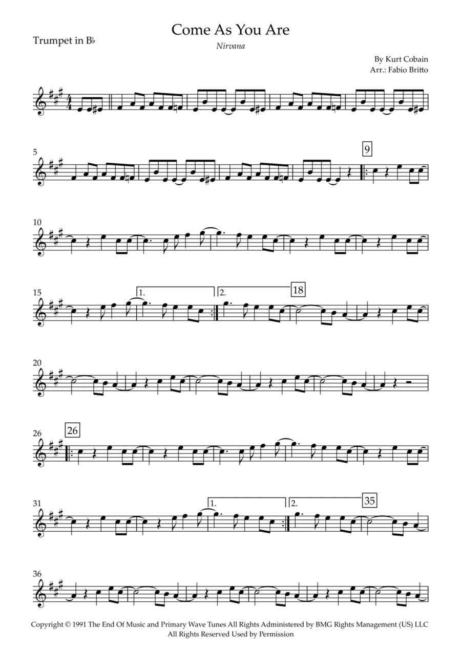 Come As You Are B-Flat Trumpet scores gallery preview page 1