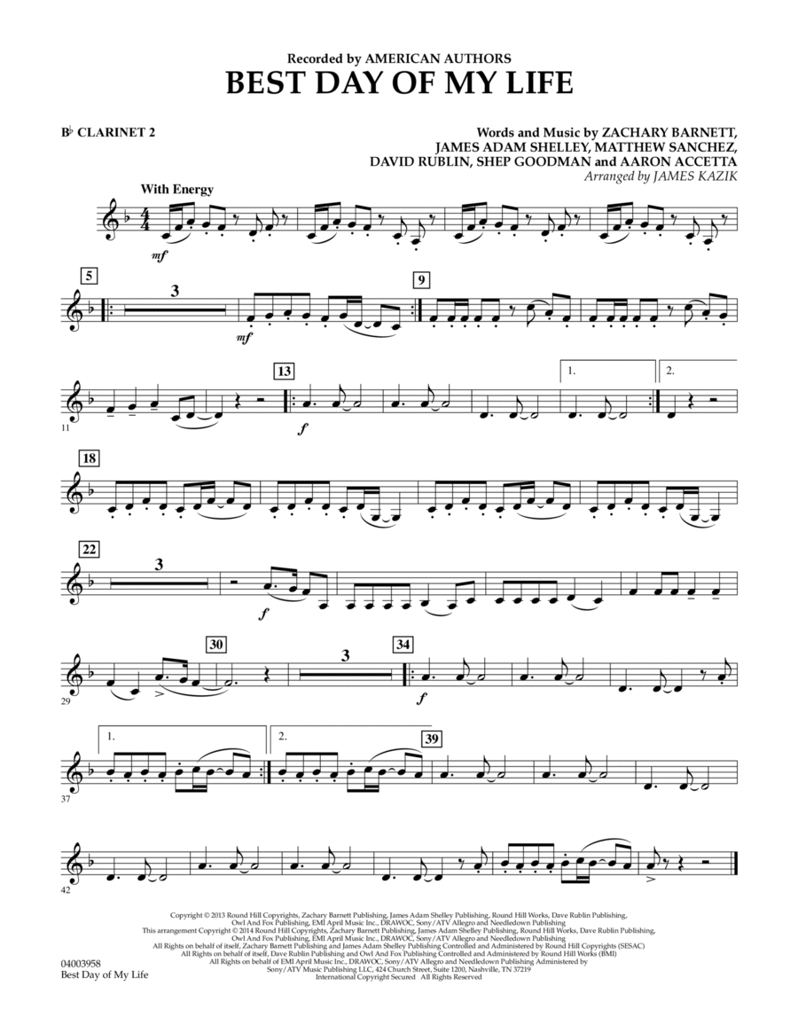 Best Day of My Life Bb Clarinet 2 by James Kazik Concert Band Digital Sheet Music Sheet Music Plus