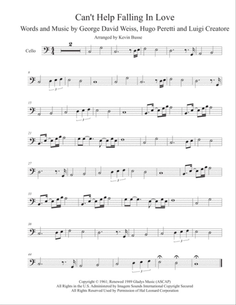 Can't Help Falling In Love Cello Solo scores gallery preview page 1