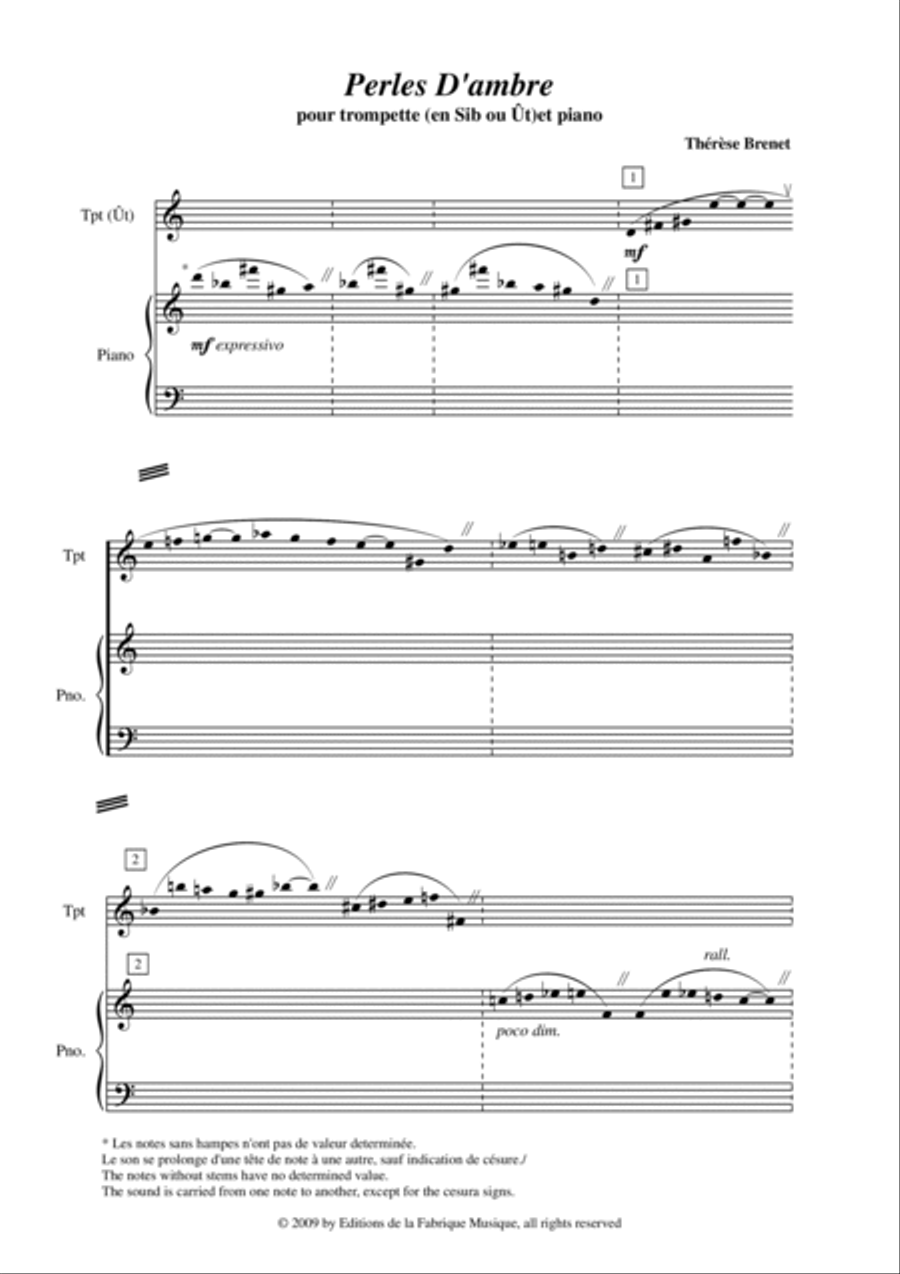 Thérèse Brenet - Perles d'Ambre for trumpet (in Bb or C) and piano Trumpet Duet scores gallery preview page 2