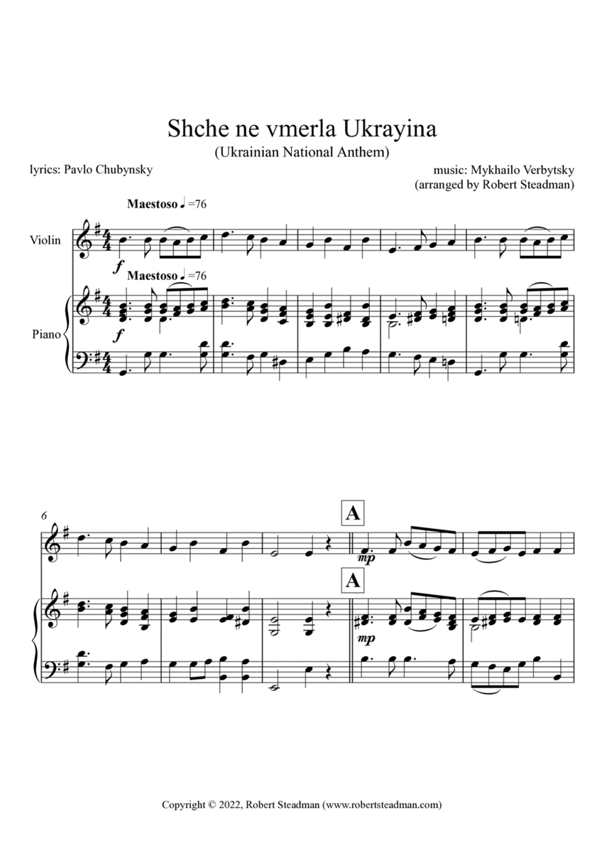 Shche ne vmerla Ukrayina (Ukrainian National Anthem) - violin + piano (Score/part inc)