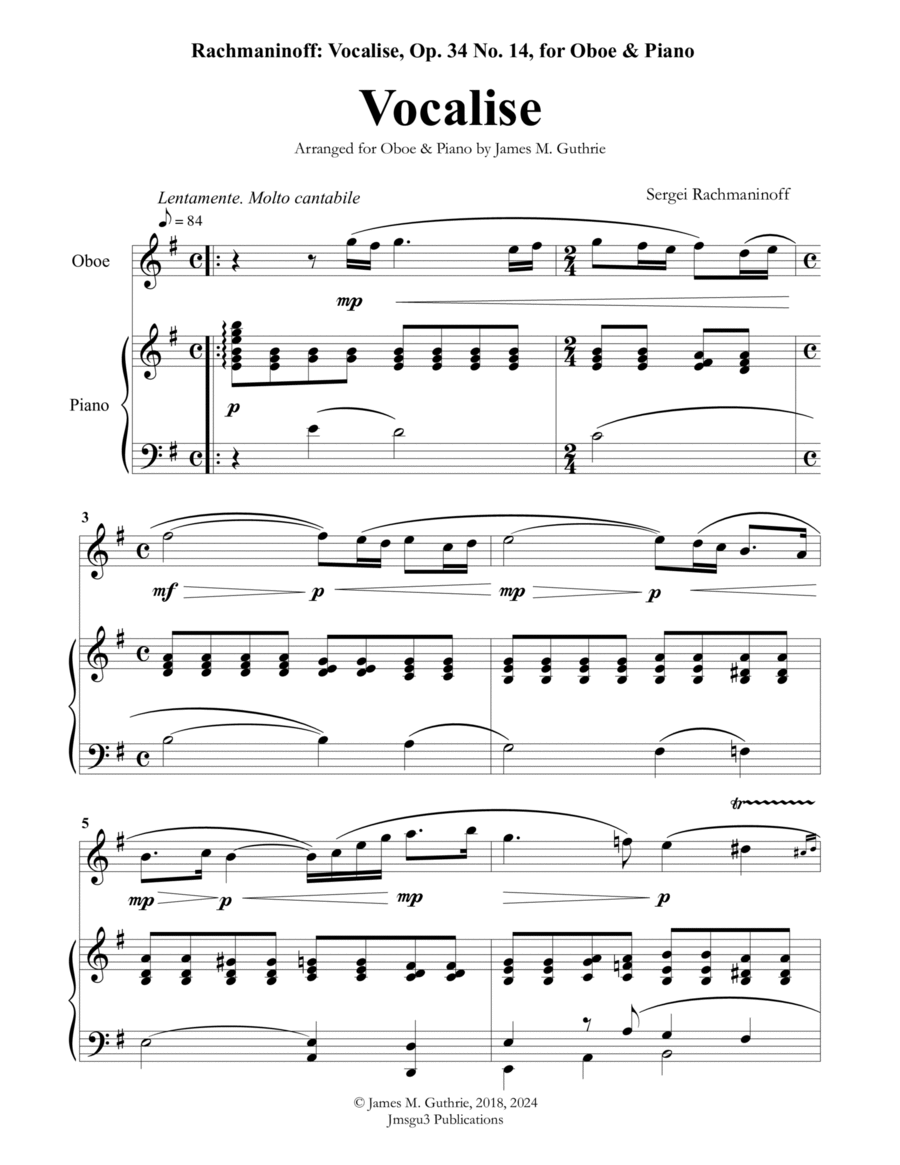 Rachmaninoff: Vocalise for Oboe & Piano Piano scores gallery preview page 1