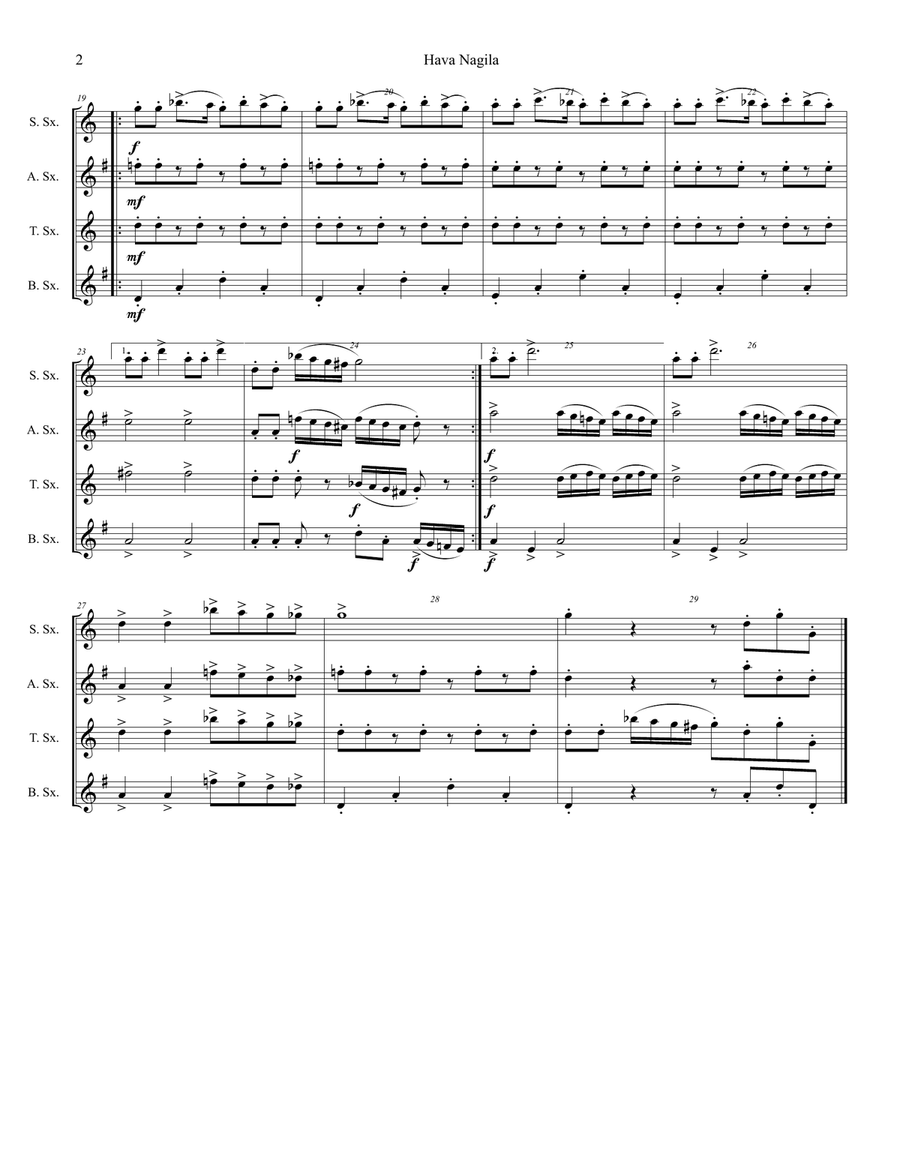 Hava Nagila for Saxophone Quartet (SATB) Score scores gallery preview page 2