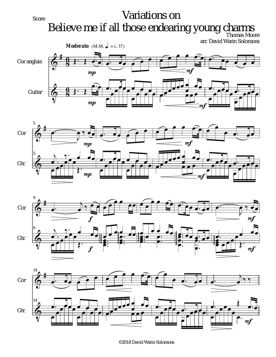 Variations on Believe me if all those endearing young charms for cor anglais and guitar English Horn scores gallery preview page 1