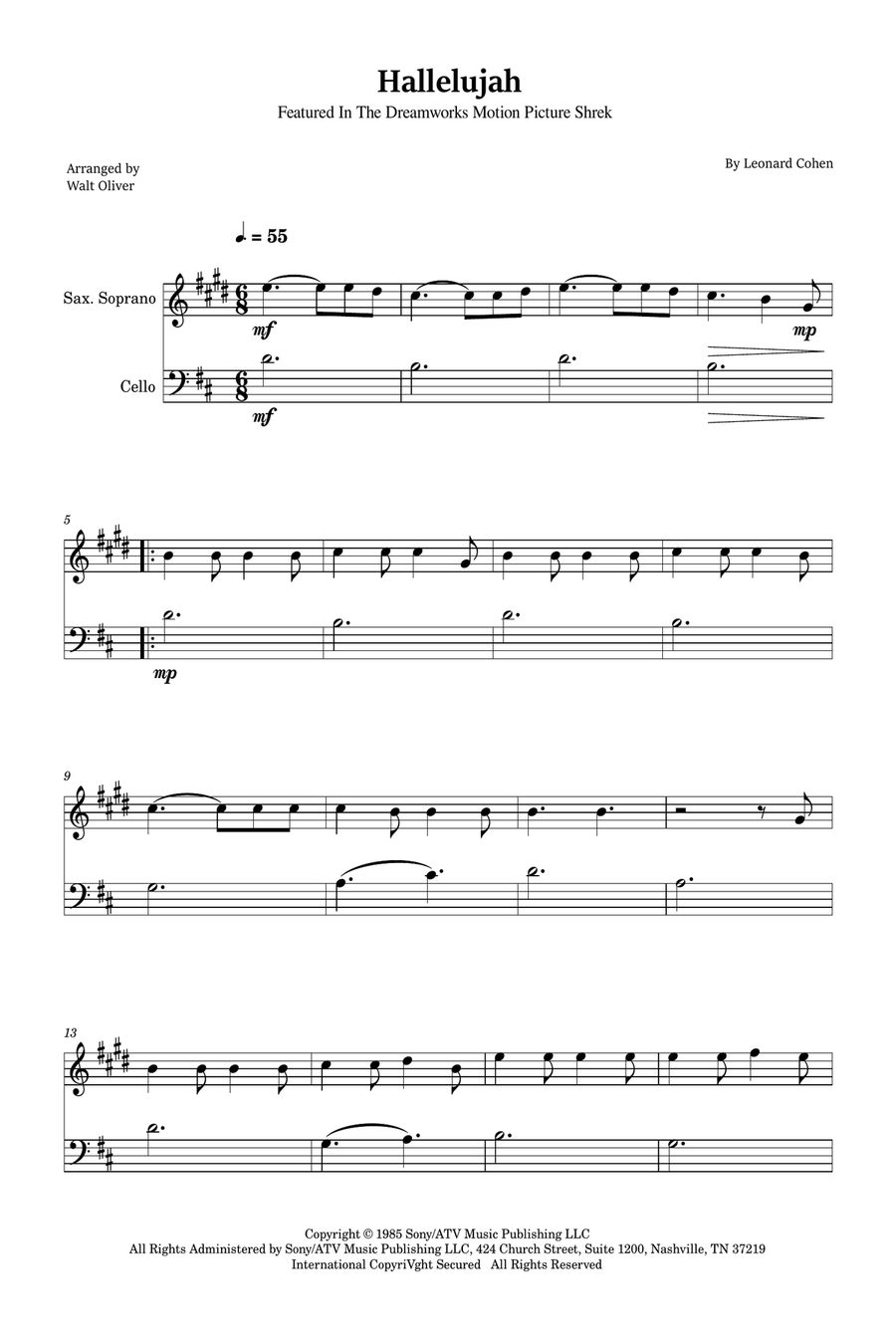 Hallelujah Soprano Saxophone scores gallery preview page 1