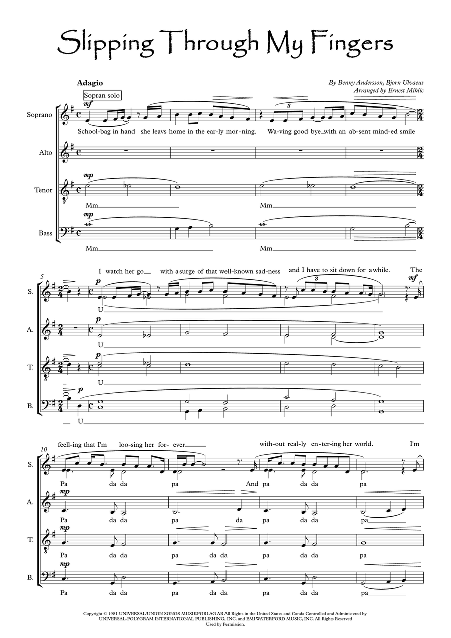 Slipping Through My Fingers 4-Part scores gallery preview page 1