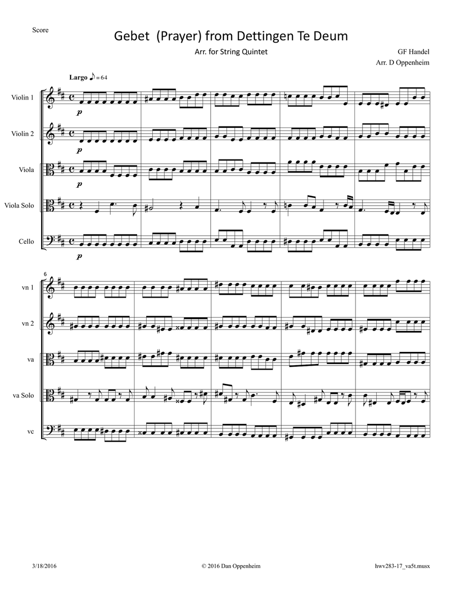 Handel: Gebet (Prayer) from Dettingen Te Deum HWV 283 arr. for String Quintet