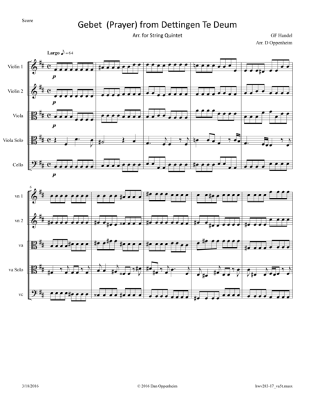 Handel: Gebet (Prayer) from Dettingen Te Deum HWV 283 arr. for String Quintet image number null