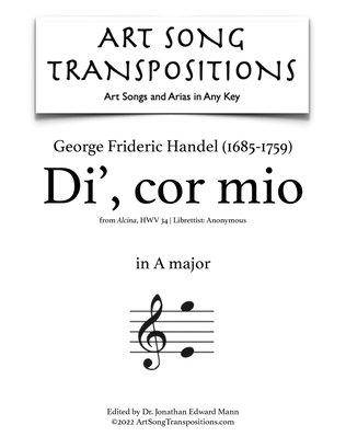 Book cover for HANDEL: Di’, cor mio (transposed to A major)