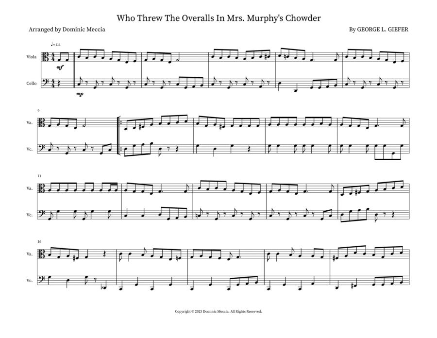 Who Threw The Overalls In Mrs. Murphy's Chowder String Duet scores gallery preview page 1