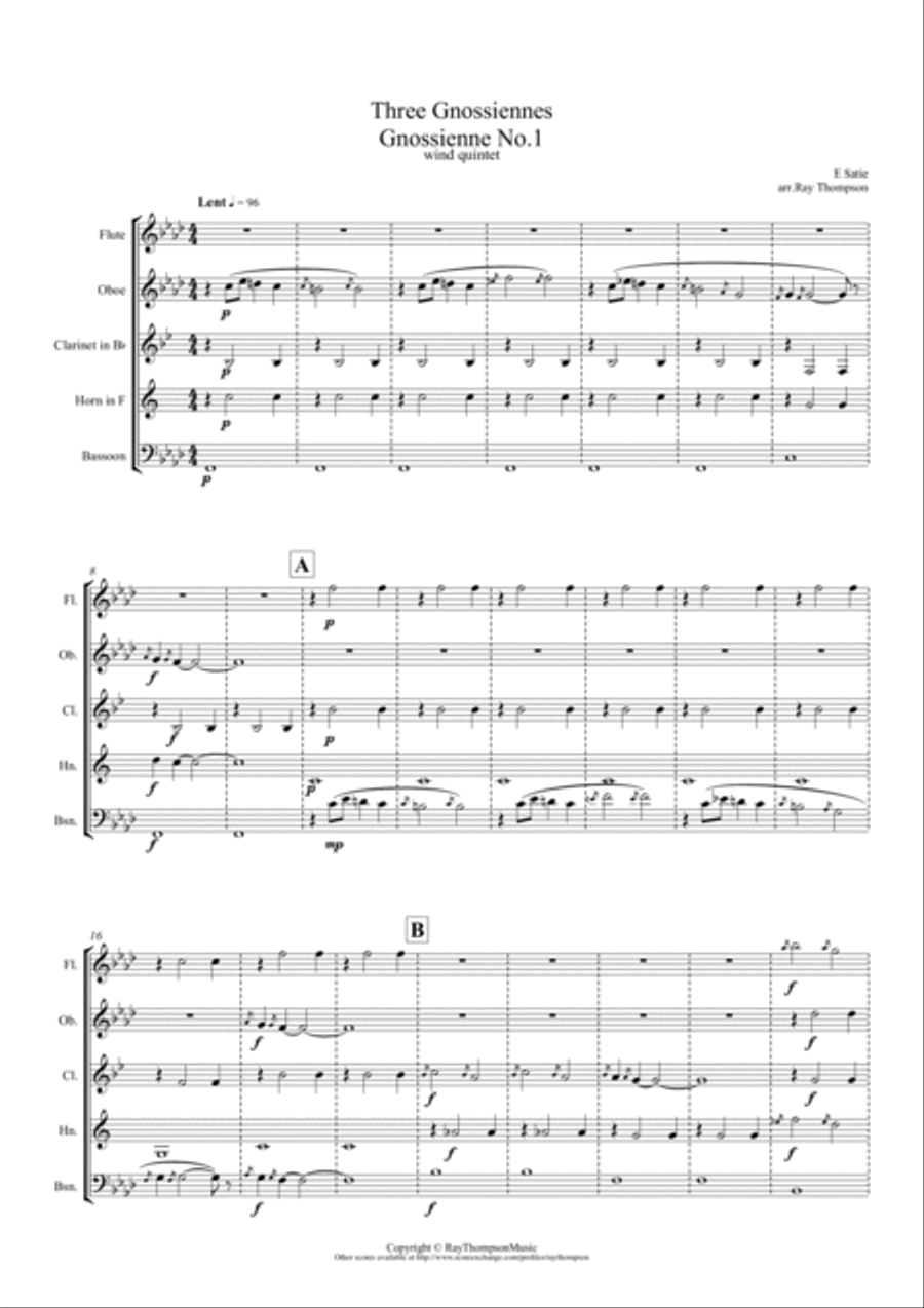 Satie: Trois Gnossiennes Nos.1,2 & 3 - wind quintet Woodwind Quintet scores gallery preview page 2
