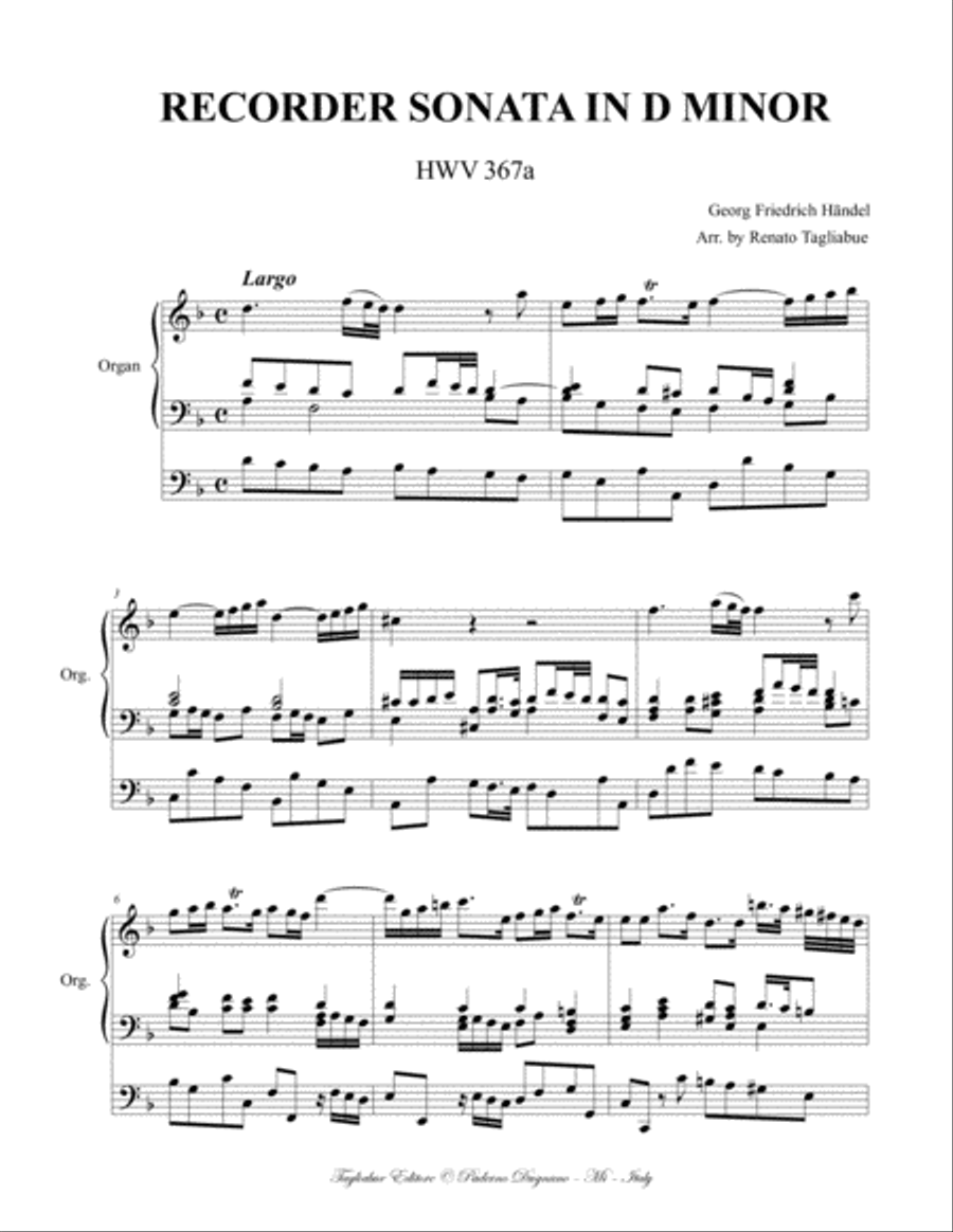 LARGO from Recorder Sonata in D minor - HWV 367a - Arr. for organ 3 staff Recorder scores gallery preview page 2