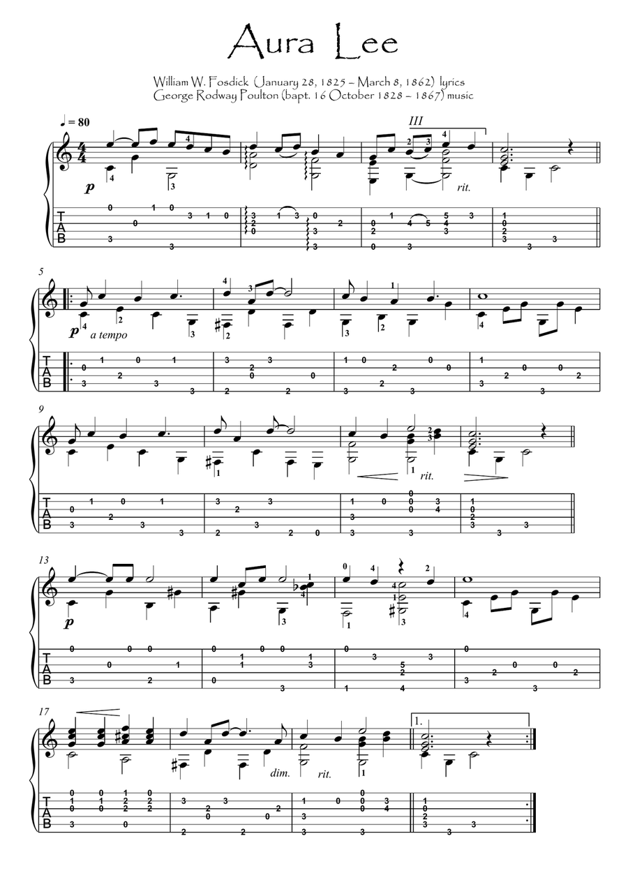 Aura Lee guitar solo Acoustic Guitar scores gallery preview page 1