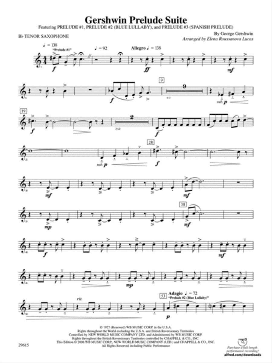Gershwin Prelude Suite: B-flat Tenor Saxophone Concert Band scores gallery preview page 1