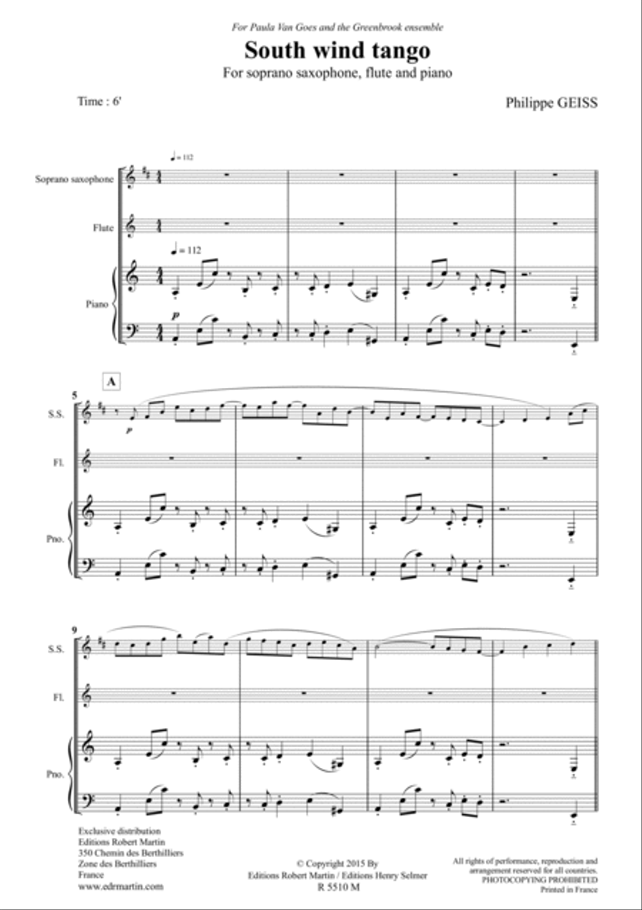 South wind tango pour soprano sax, flûte & piano Soprano Saxophone scores gallery preview page 2
