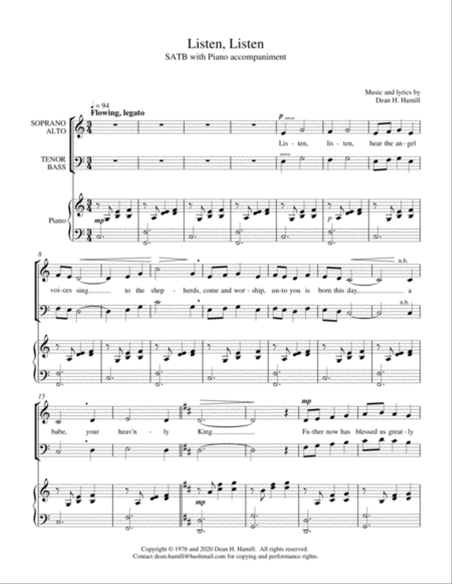 Listen, Listen (SATB with Piano Accompaniment) 4-Part scores gallery preview page 1